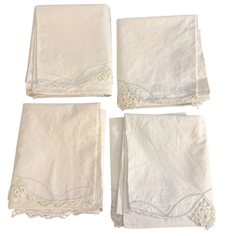 Vintage White Cotton Pillowcase Set 4 Hand Embroidered Lotus Flower Crochet Lace